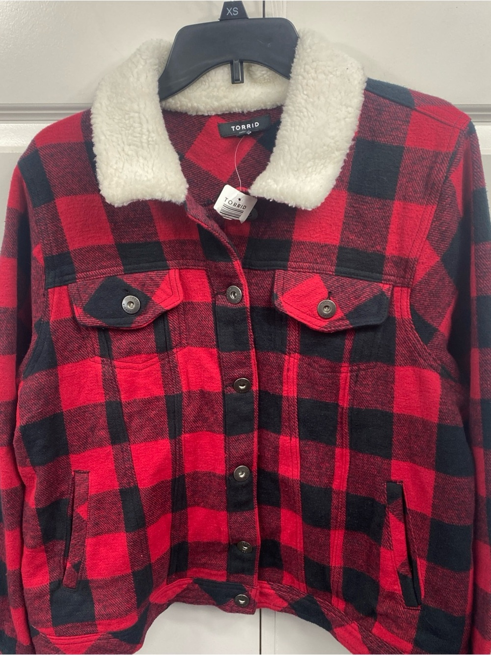 Red Buffalo Plaid Faux Sherpa Fleece Trucker Jacket Shacket 2 Torrid 100 Cotton